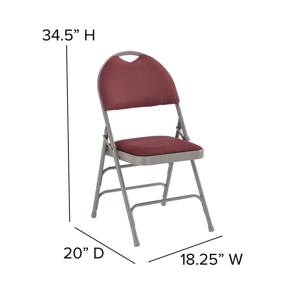 Ultra-Premium Triple Braced Burgundy Fabric Metal Folding Chair with Easy-Carry Handle. Picture 2