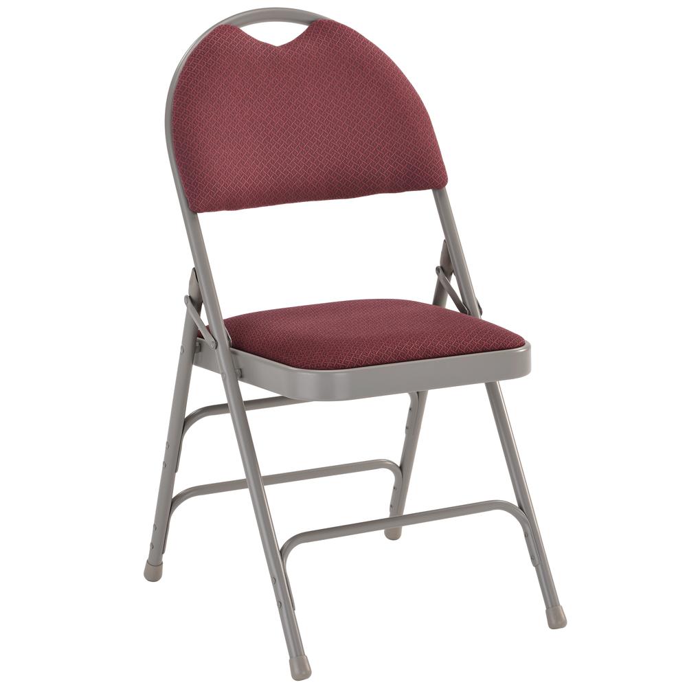 Ultra-Premium Triple Braced Burgundy Fabric Metal Folding Chair with Easy-Carry Handle. Picture 3