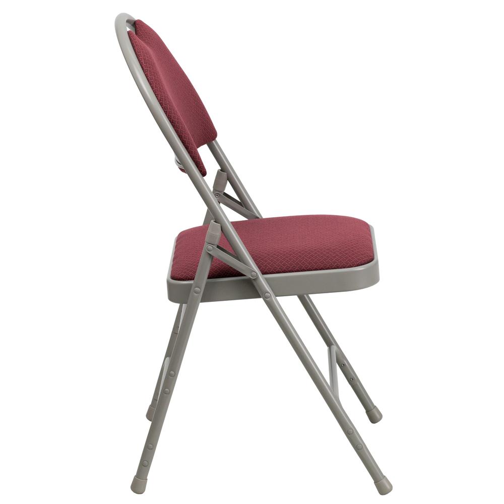 Ultra-Premium Triple Braced Burgundy Fabric Metal Folding Chair with Easy-Carry Handle. Picture 4