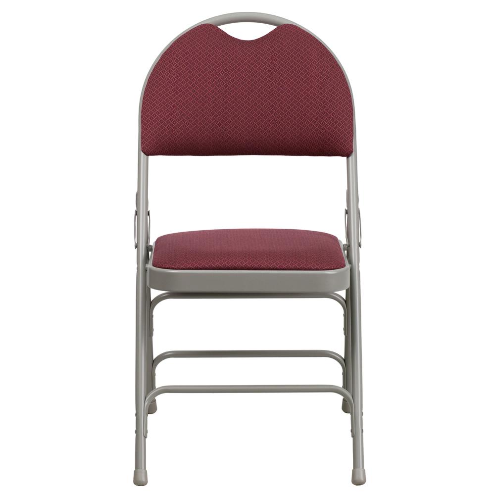 Ultra-Premium Triple Braced Burgundy Fabric Metal Folding Chair with Easy-Carry Handle. Picture 6