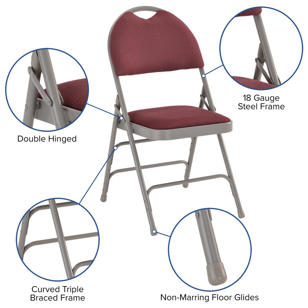 Ultra-Premium Triple Braced Burgundy Fabric Metal Folding Chair with Easy-Carry Handle. Picture 7