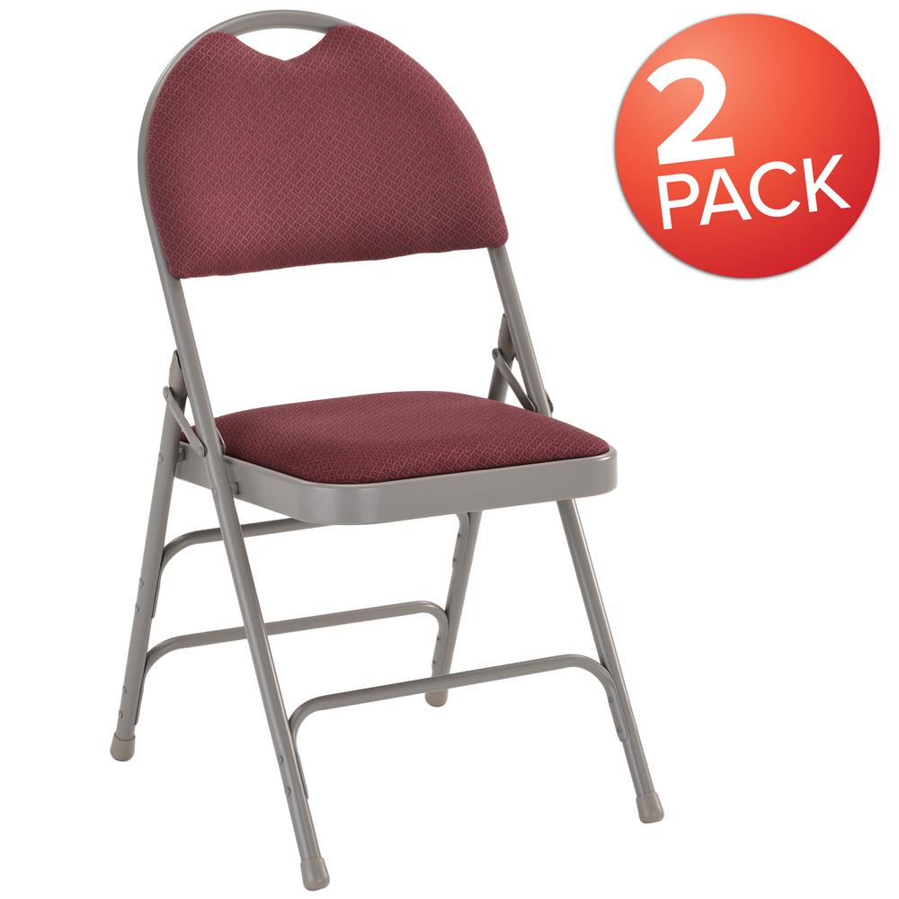Ultra-Premium Triple Braced Burgundy Fabric Metal Folding Chair with Easy-Carry Handle. Picture 9