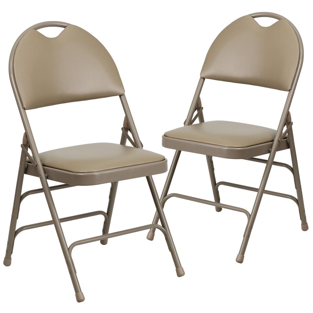 Ultra-Premium Triple Braced Beige Vinyl Metal Folding Chair with Easy-Carry Handle. The main picture.