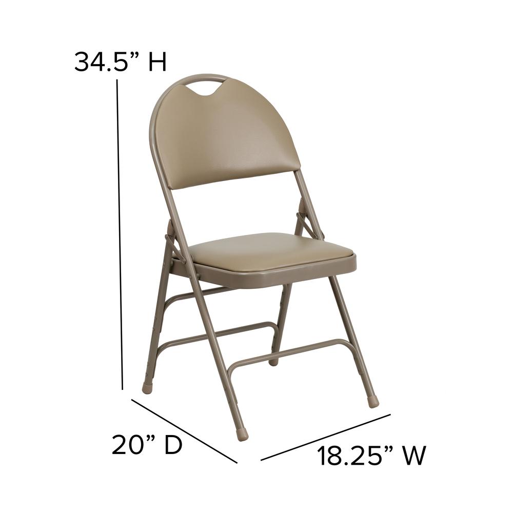 Ultra-Premium Triple Braced Beige Vinyl Metal Folding Chair with Easy-Carry Handle. Picture 2