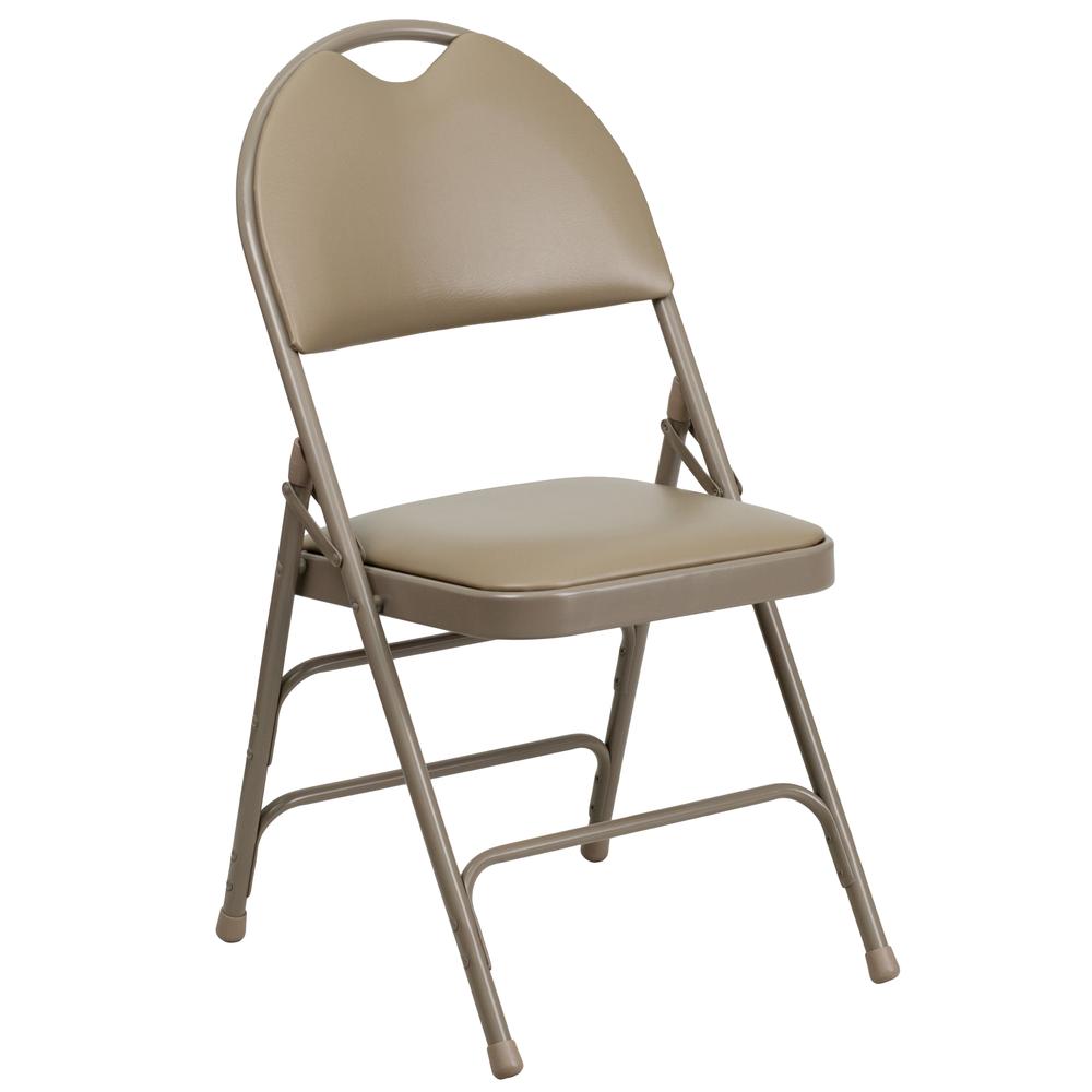 Ultra-Premium Triple Braced Beige Vinyl Metal Folding Chair with Easy-Carry Handle. Picture 3