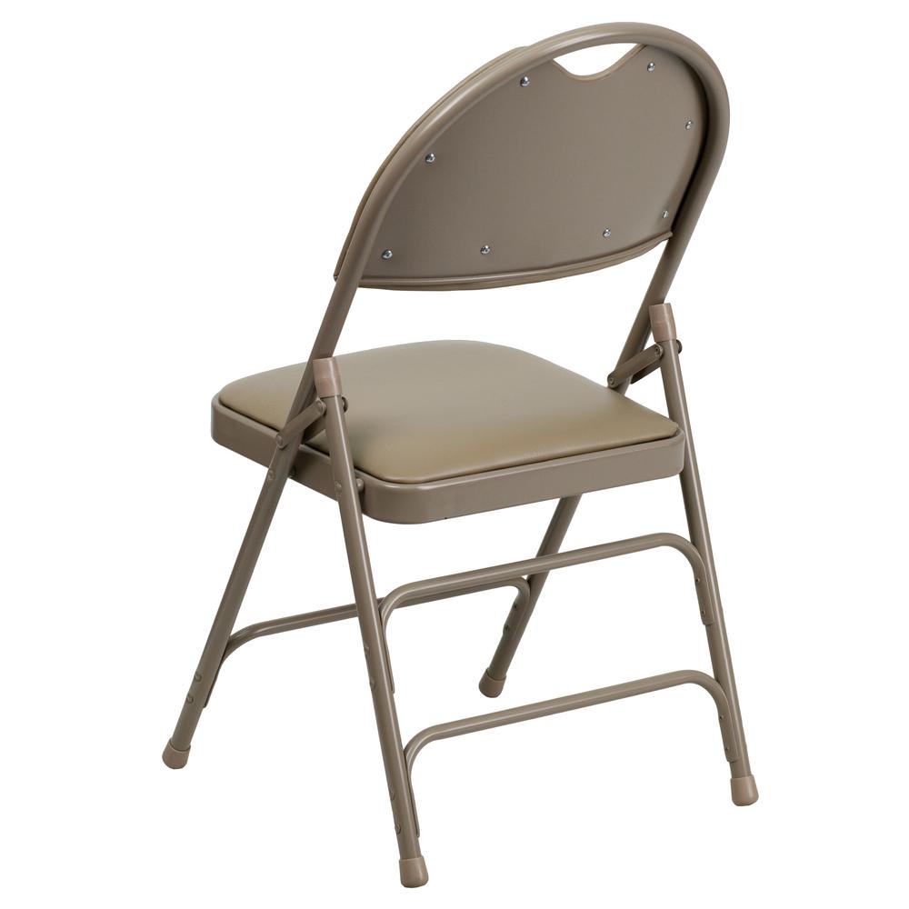 Ultra-Premium Triple Braced Beige Vinyl Metal Folding Chair with Easy-Carry Handle. Picture 5