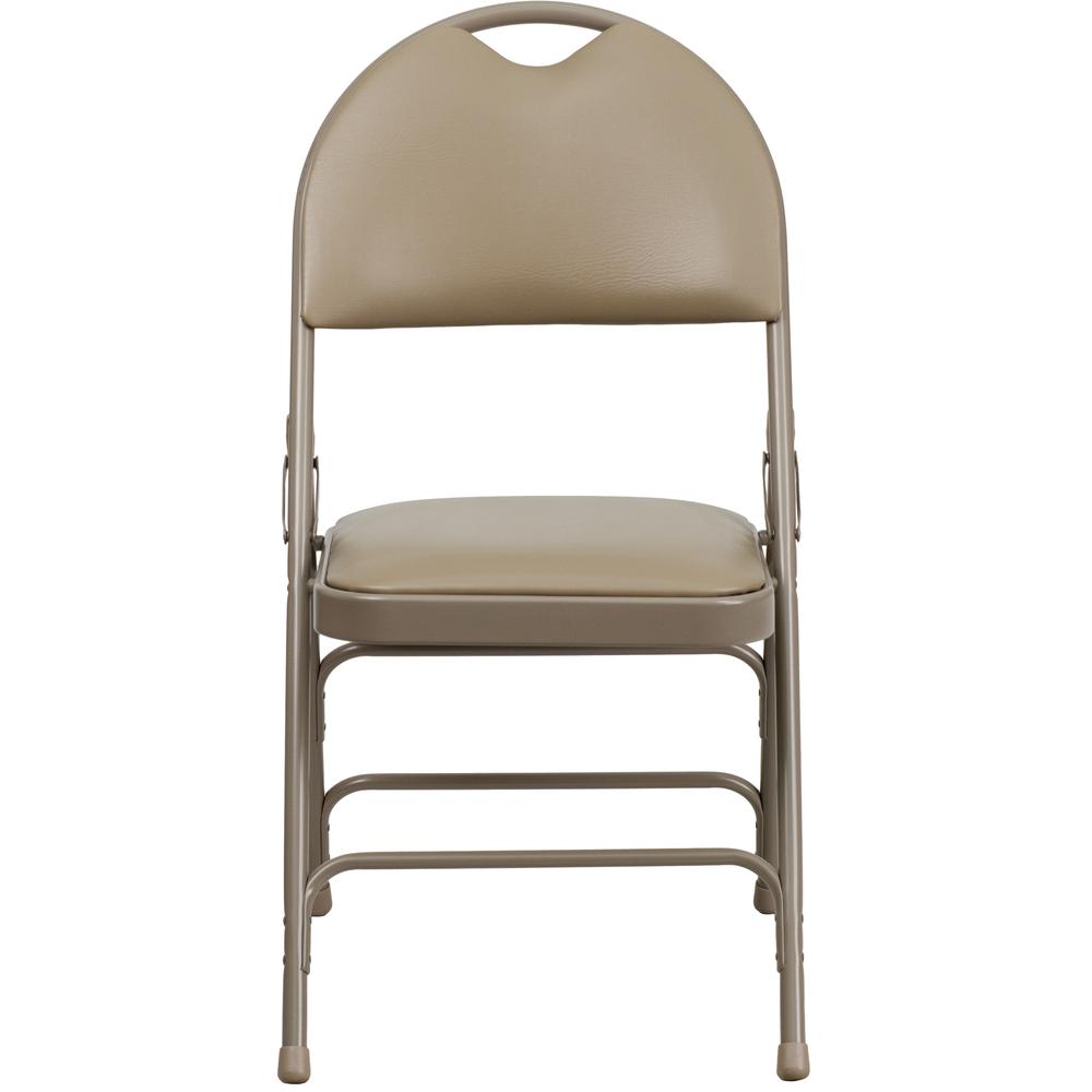 Ultra-Premium Triple Braced Beige Vinyl Metal Folding Chair with Easy-Carry Handle. Picture 6
