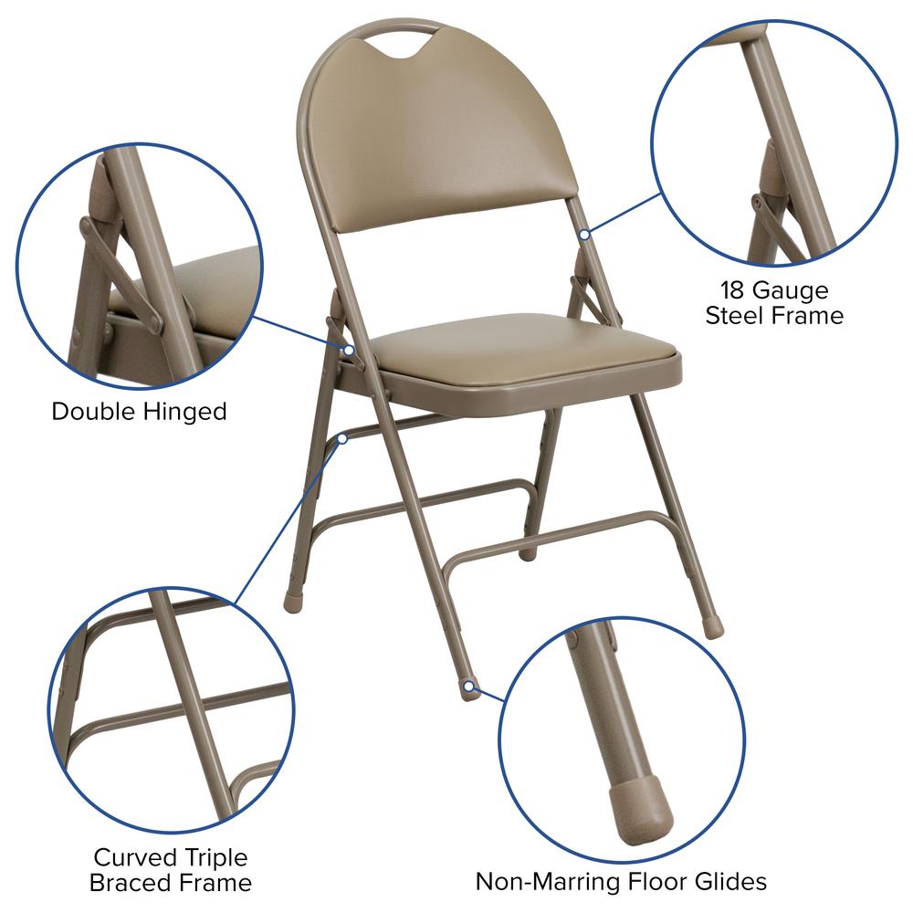 Ultra-Premium Triple Braced Beige Vinyl Metal Folding Chair with Easy-Carry Handle. Picture 7