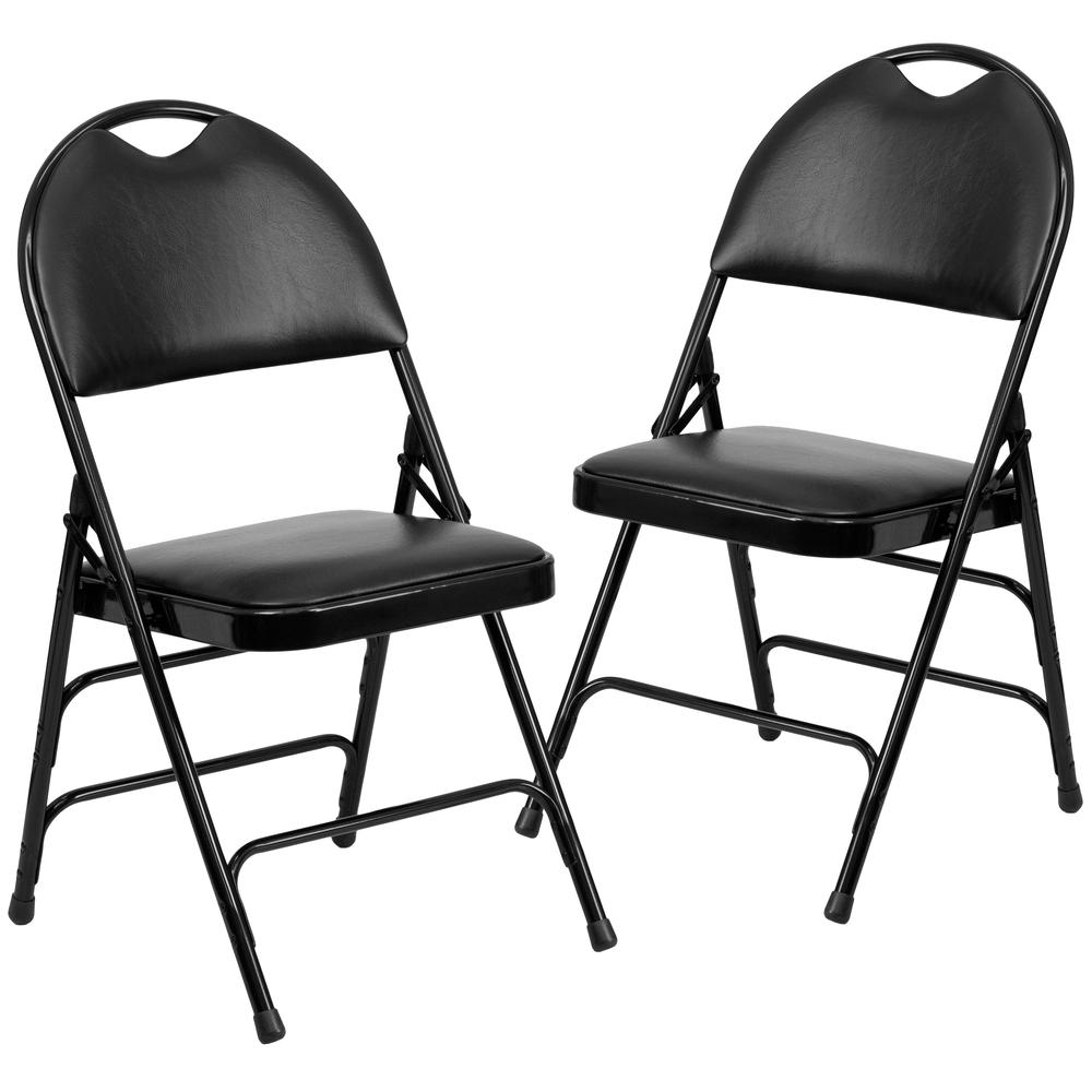 Ultra-Premium Triple Braced Black Vinyl Metal Folding Chair with Easy-Carry Handle. Picture 1