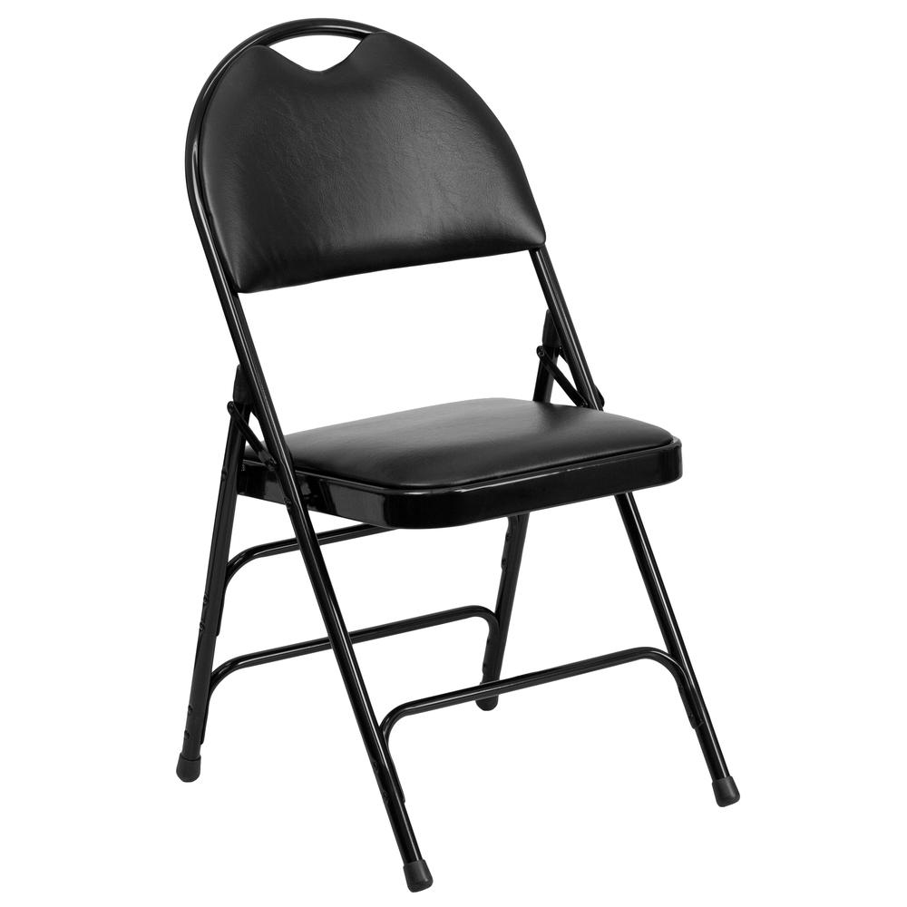 Ultra-Premium Triple Braced Black Vinyl Metal Folding Chair with Easy-Carry Handle. Picture 3