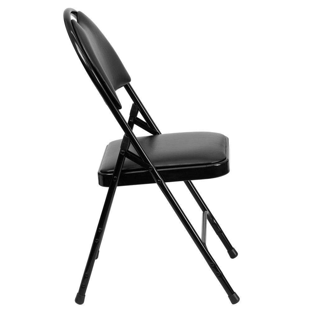 Ultra-Premium Triple Braced Black Vinyl Metal Folding Chair with Easy-Carry Handle. Picture 4