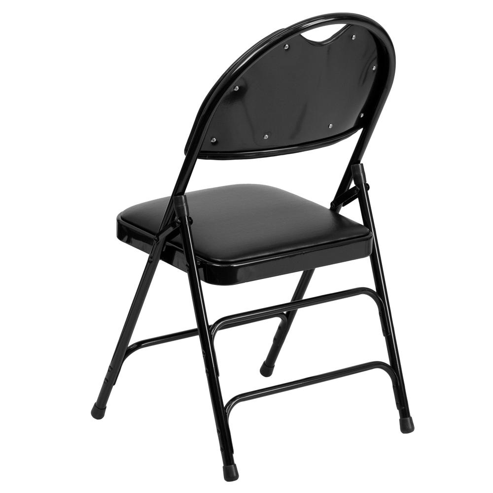 Ultra-Premium Triple Braced Black Vinyl Metal Folding Chair with Easy-Carry Handle. Picture 5
