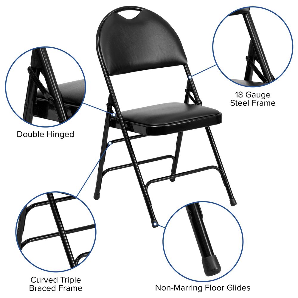 Ultra-Premium Triple Braced Black Vinyl Metal Folding Chair with Easy-Carry Handle. Picture 6