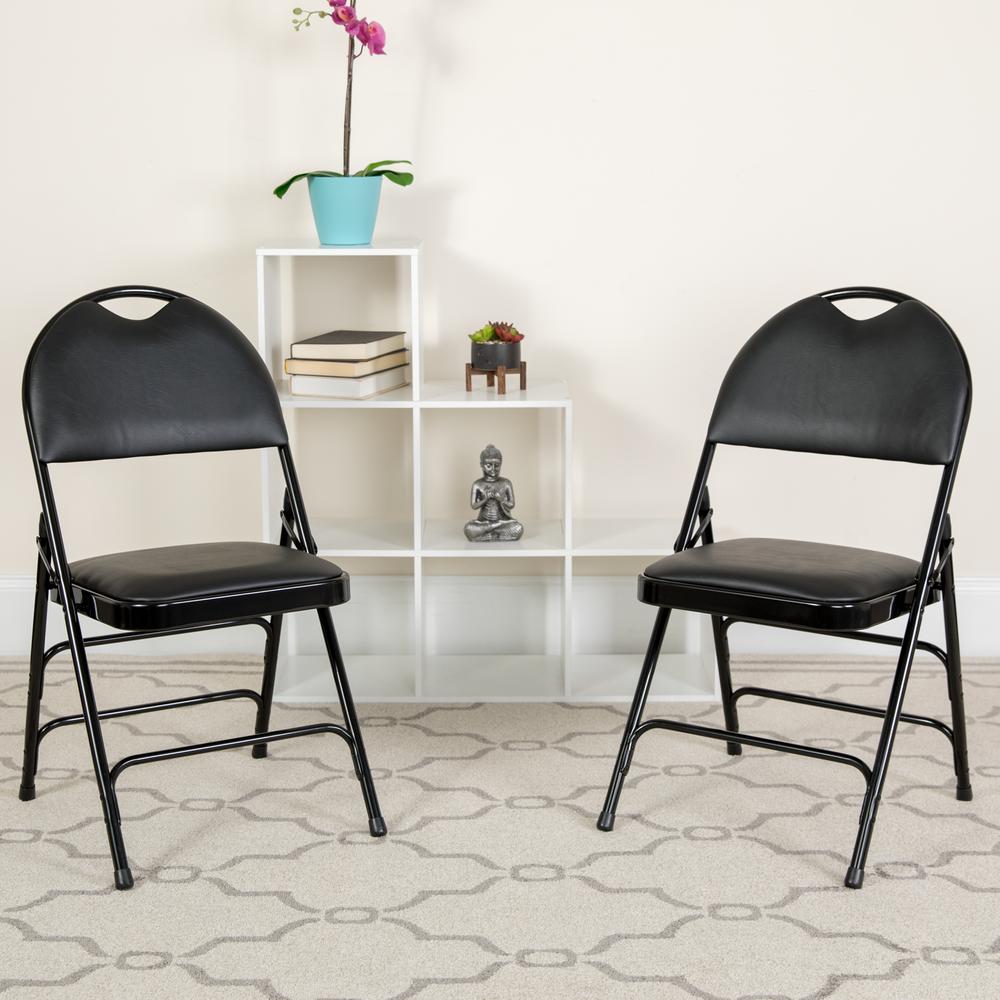 Ultra-Premium Triple Braced Black Vinyl Metal Folding Chair with Easy-Carry Handle. Picture 8