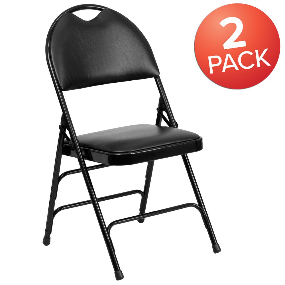 Ultra-Premium Triple Braced Black Vinyl Metal Folding Chair with Easy-Carry Handle. Picture 9