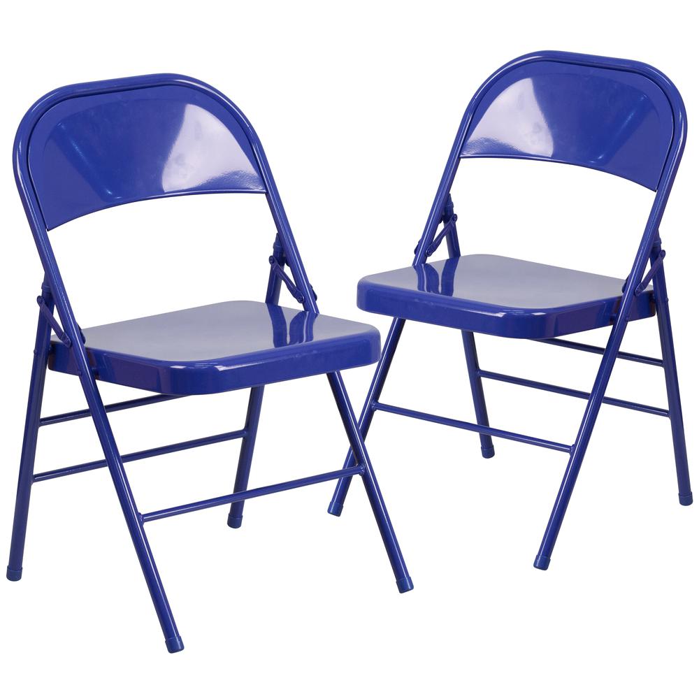 Cobalt Blue Triple Braced & Double Hinged Metal Folding Chair. Picture 1