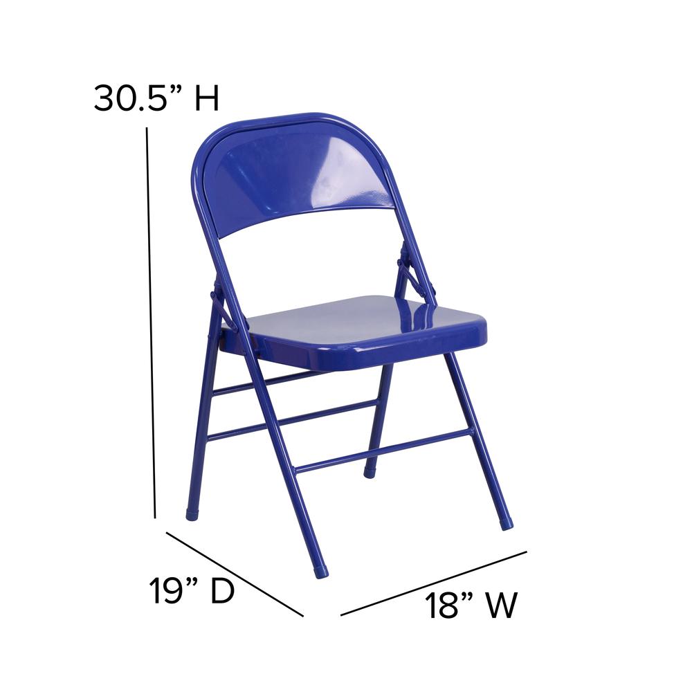 Cobalt Blue Triple Braced & Double Hinged Metal Folding Chair. Picture 2