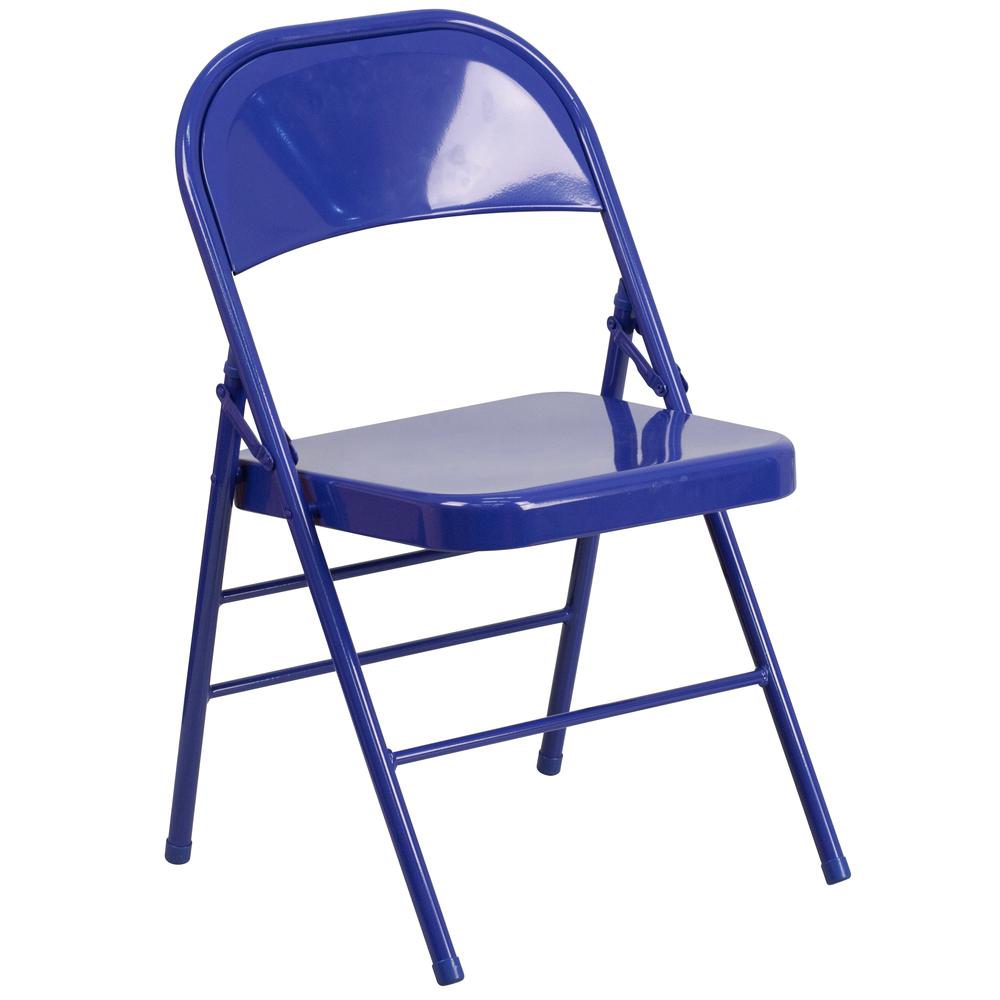 Cobalt Blue Triple Braced & Double Hinged Metal Folding Chair. Picture 3