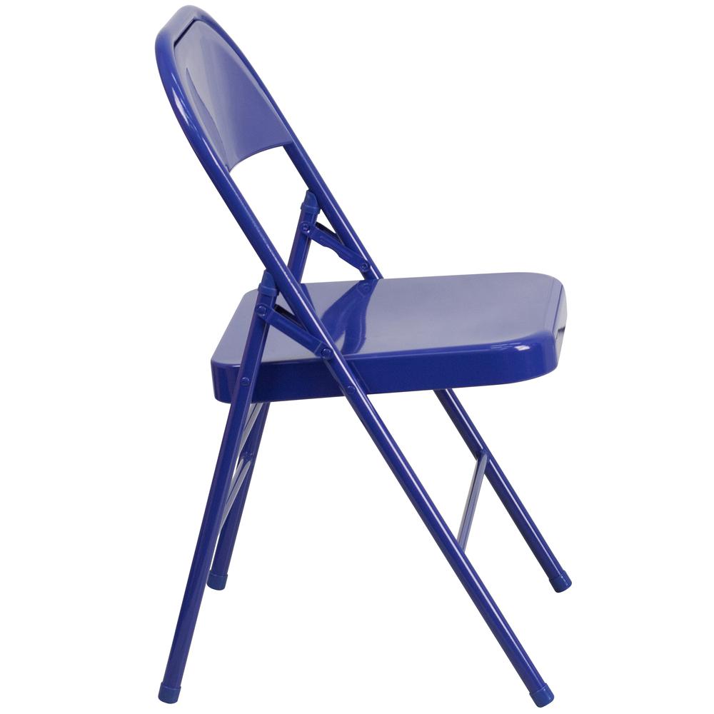 Cobalt Blue Triple Braced & Double Hinged Metal Folding Chair. Picture 4