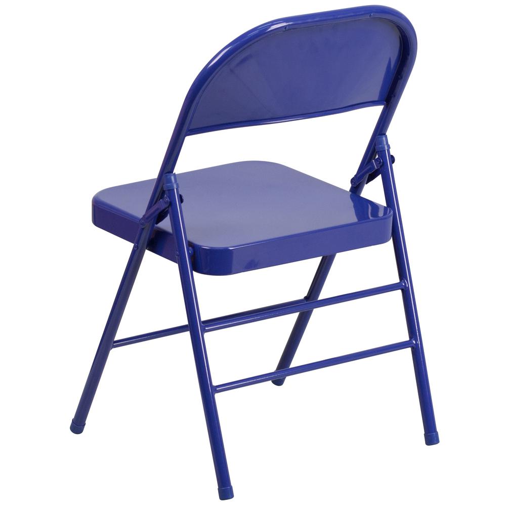 Cobalt Blue Triple Braced & Double Hinged Metal Folding Chair. Picture 5