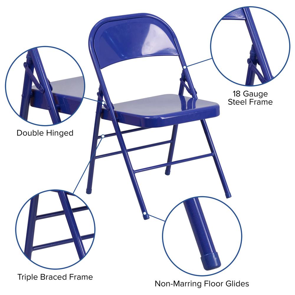 Cobalt Blue Triple Braced & Double Hinged Metal Folding Chair. Picture 6