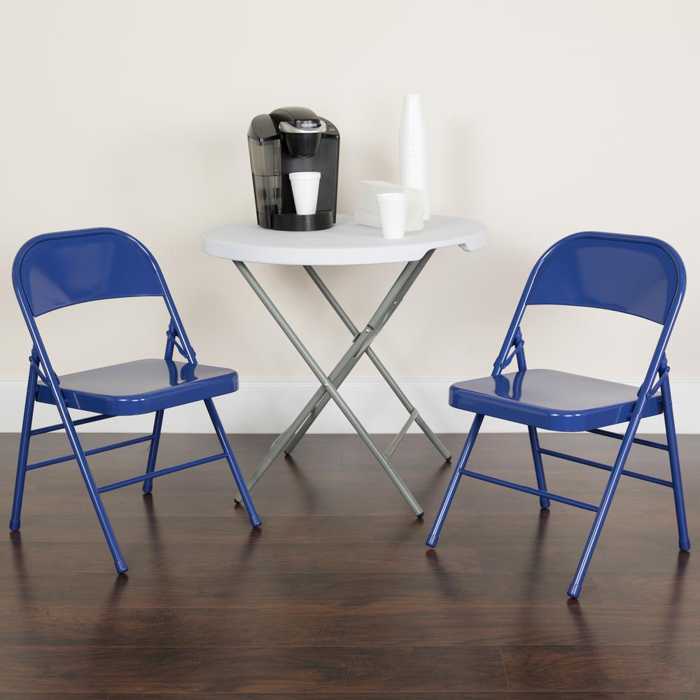 Cobalt Blue Triple Braced & Double Hinged Metal Folding Chair. Picture 8