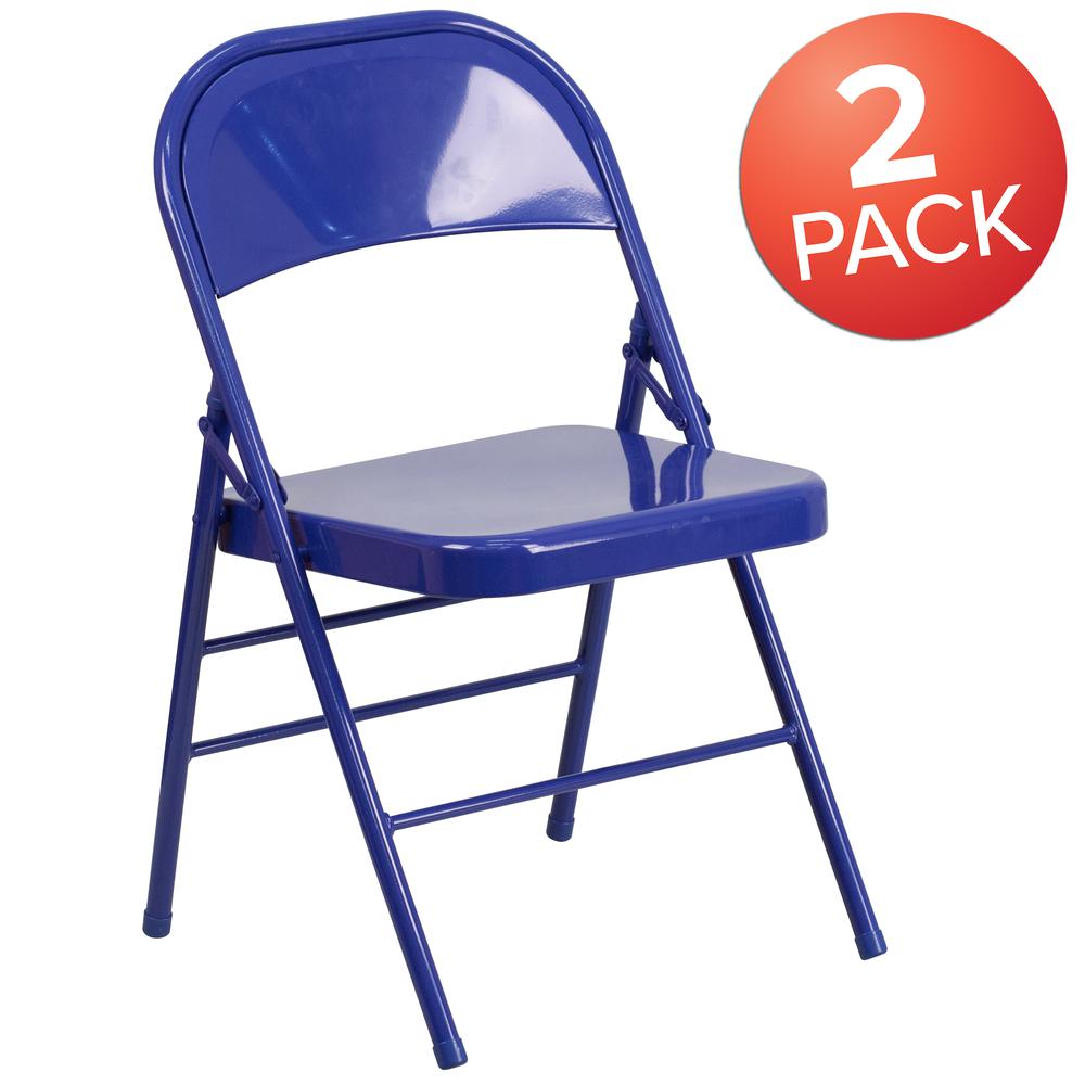 Cobalt Blue Triple Braced & Double Hinged Metal Folding Chair. Picture 9