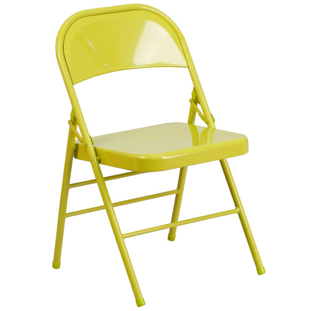 Twisted Citron Triple Braced & Double Hinged Metal Folding Chair. Picture 3