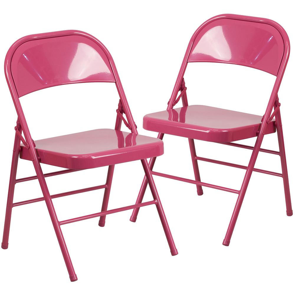 Shockingly Fuchsia Triple Braced & Double Hinged Metal Folding Chair. Picture 1
