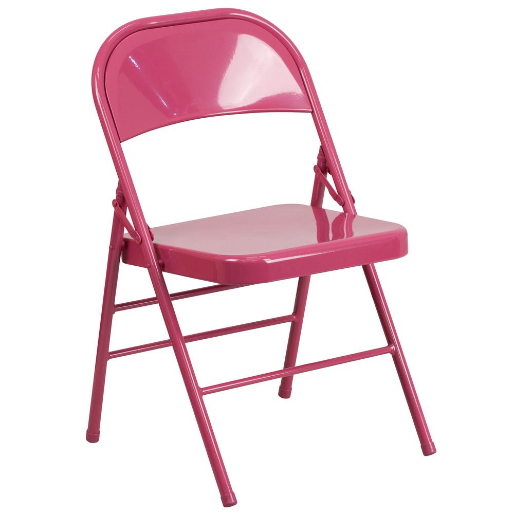 Shockingly Fuchsia Triple Braced & Double Hinged Metal Folding Chair. Picture 3
