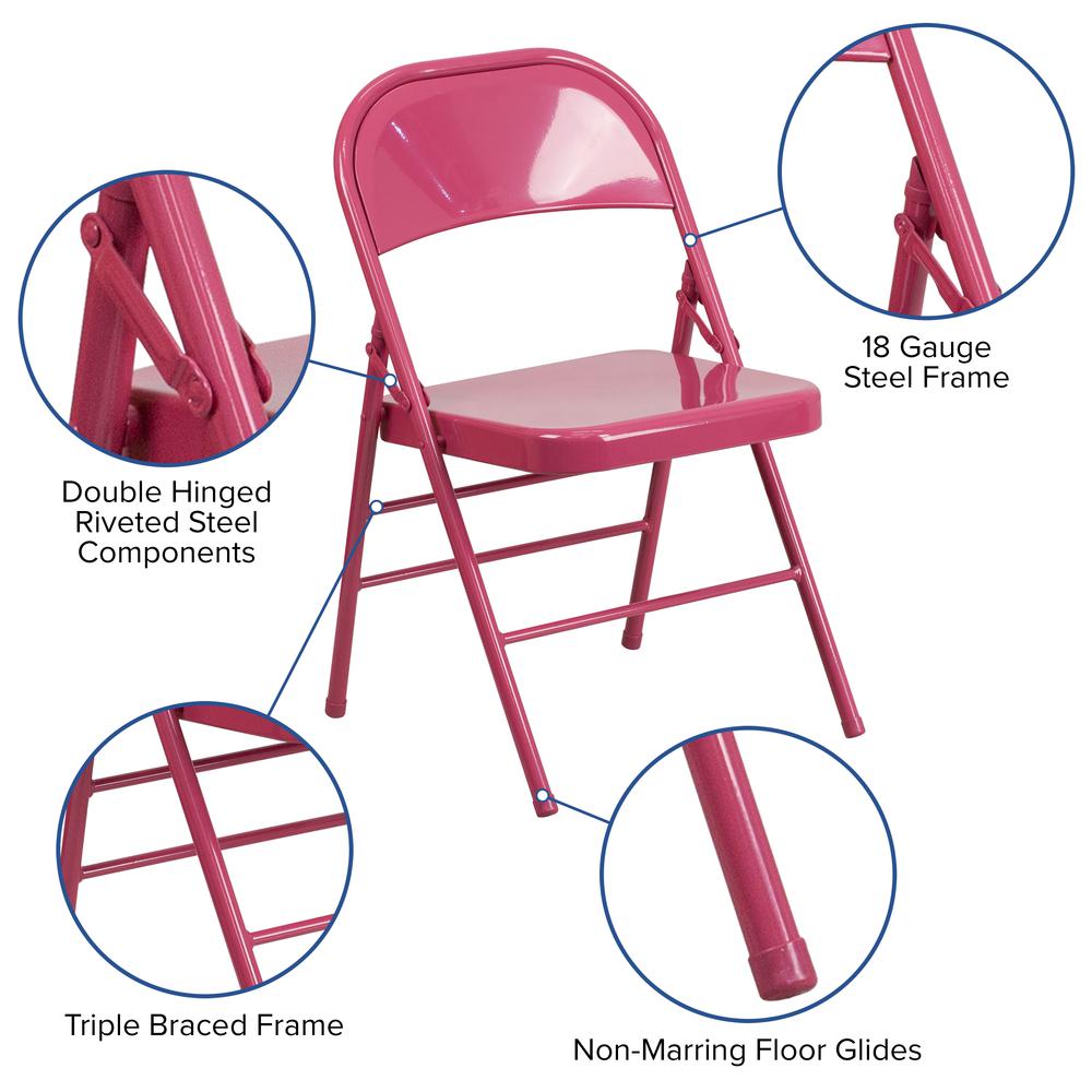 Shockingly Fuchsia Triple Braced & Double Hinged Metal Folding Chair. Picture 7