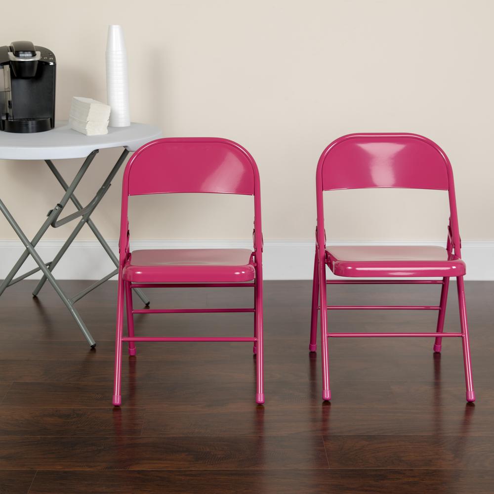 Shockingly Fuchsia Triple Braced & Double Hinged Metal Folding Chair. Picture 8