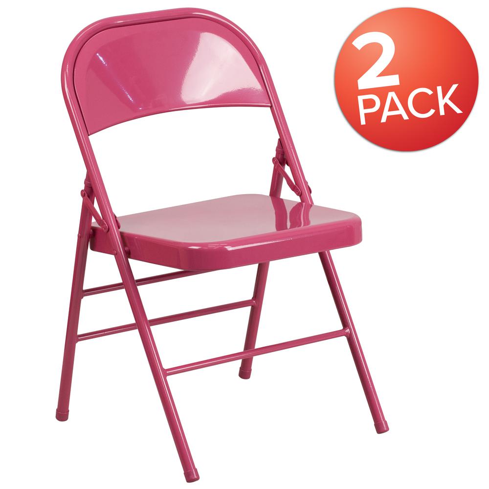 Shockingly Fuchsia Triple Braced & Double Hinged Metal Folding Chair. Picture 9