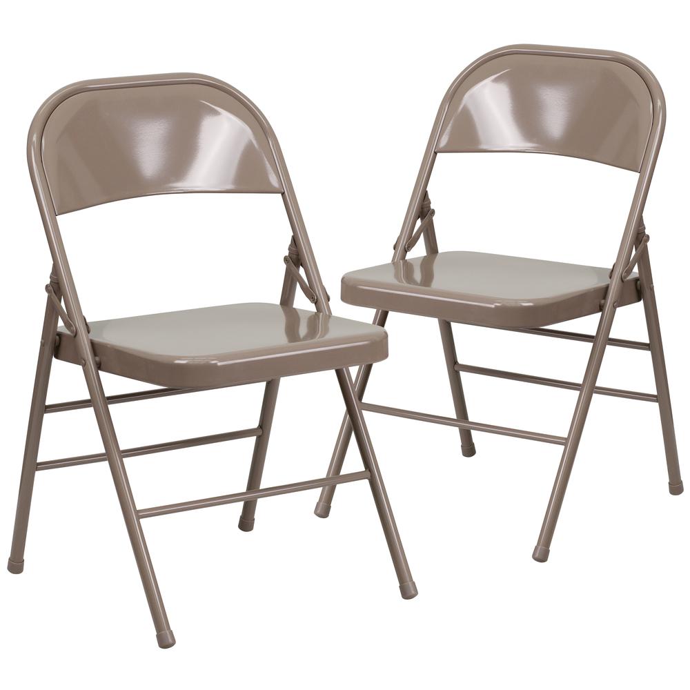 Triple Braced & Double Hinged Beige Metal Folding Chair. Picture 1