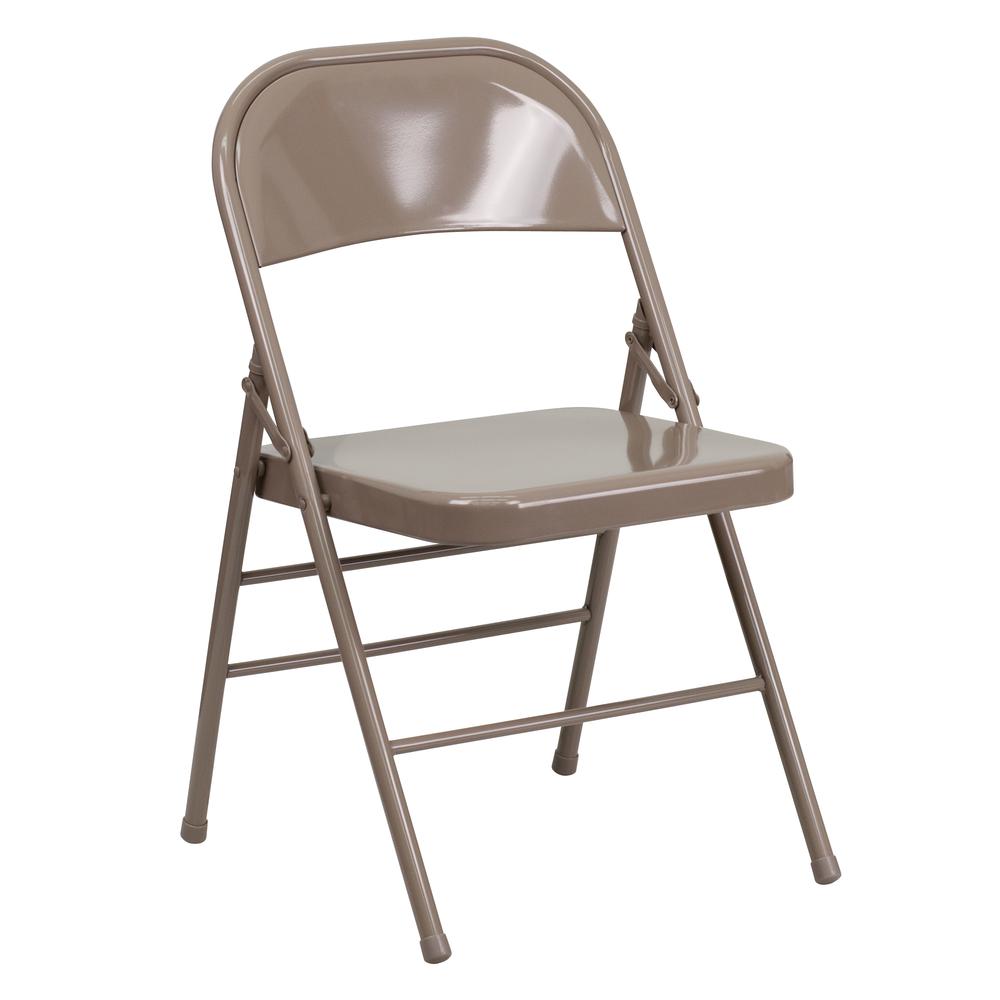 Triple Braced & Double Hinged Beige Metal Folding Chair. Picture 3