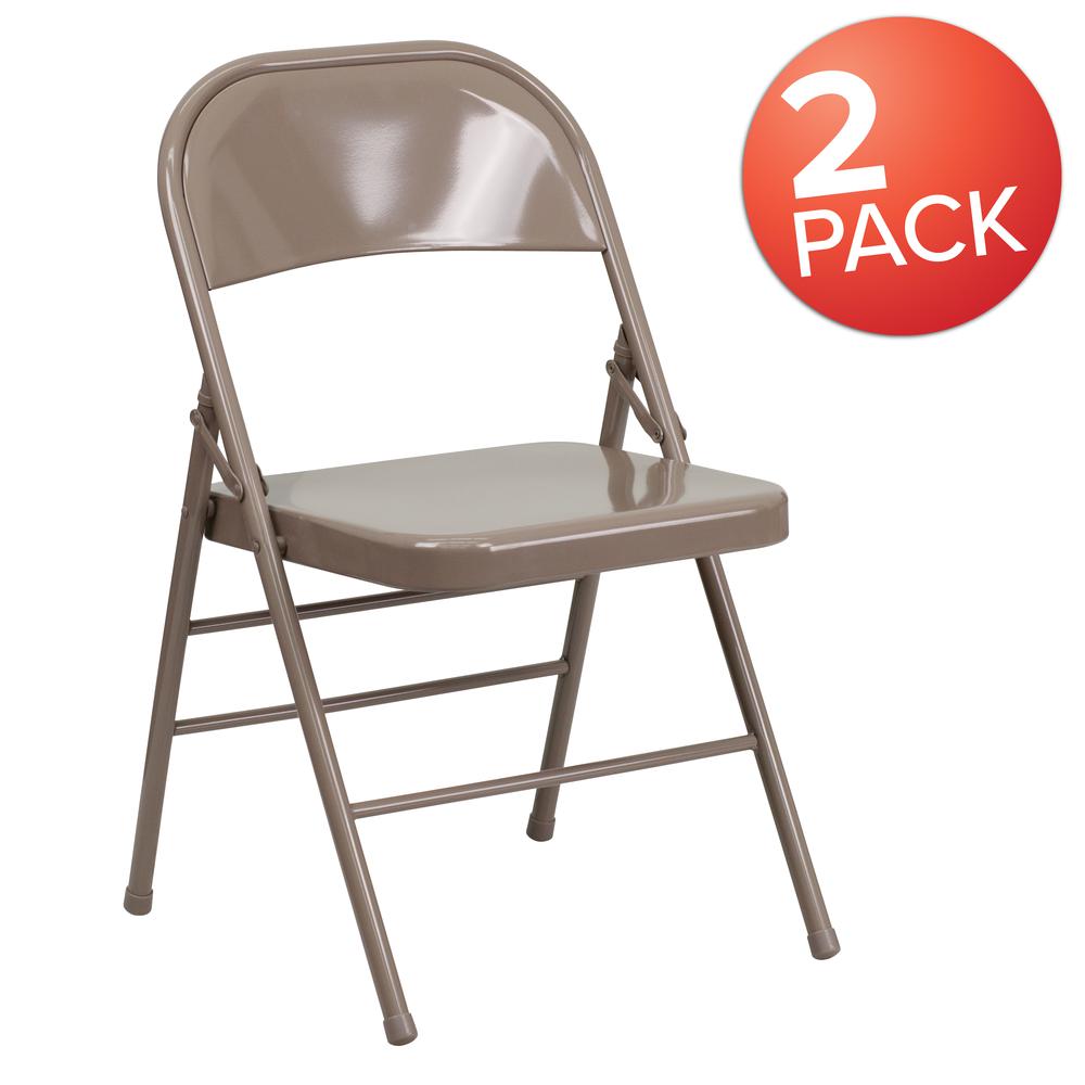 Triple Braced & Double Hinged Beige Metal Folding Chair. Picture 9