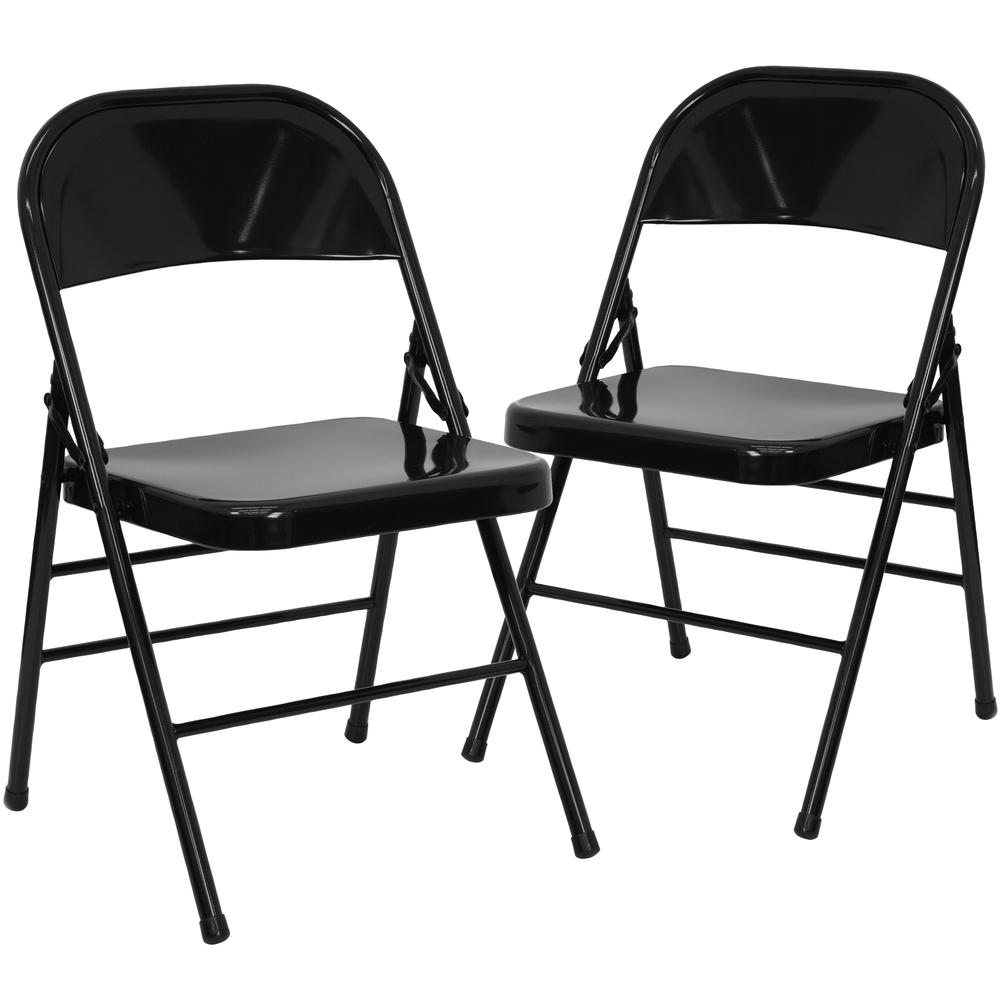 Triple Braced & Double Hinged Black Metal Folding Chair. Picture 1