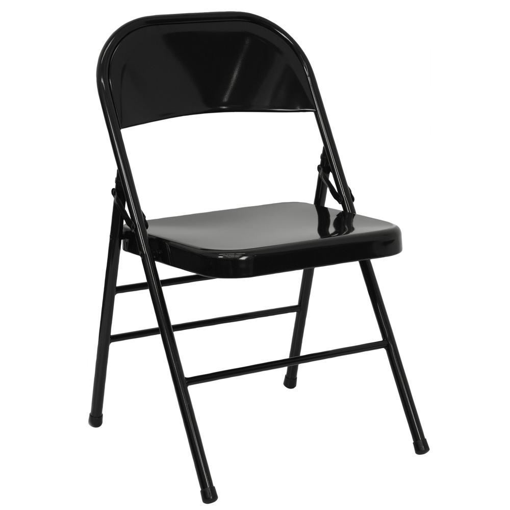 Triple Braced & Double Hinged Black Metal Folding Chair. Picture 3