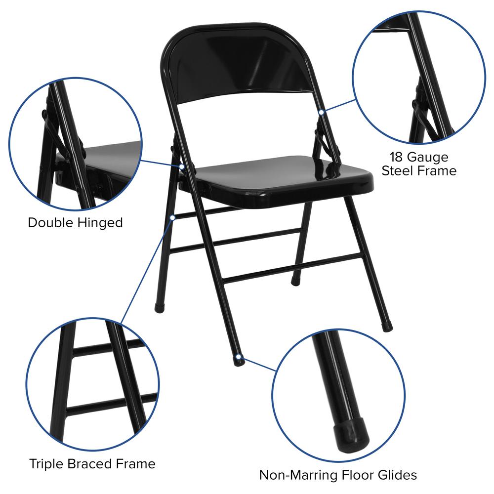 Triple Braced & Double Hinged Black Metal Folding Chair. Picture 7