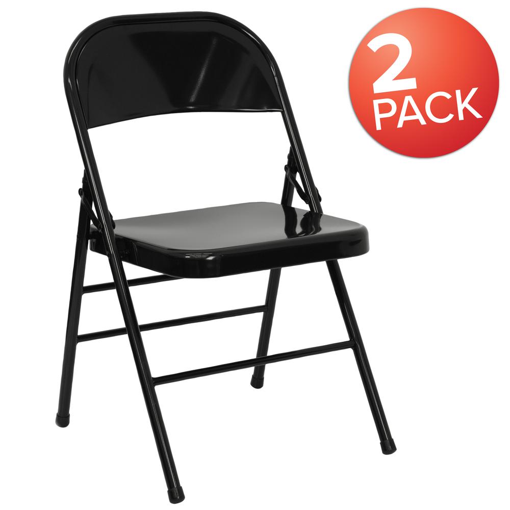 Triple Braced & Double Hinged Black Metal Folding Chair. Picture 9