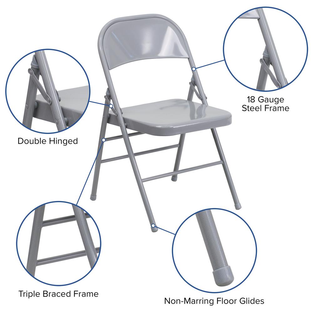 Triple Braced & Double Hinged Gray Metal Folding Chair. Picture 7