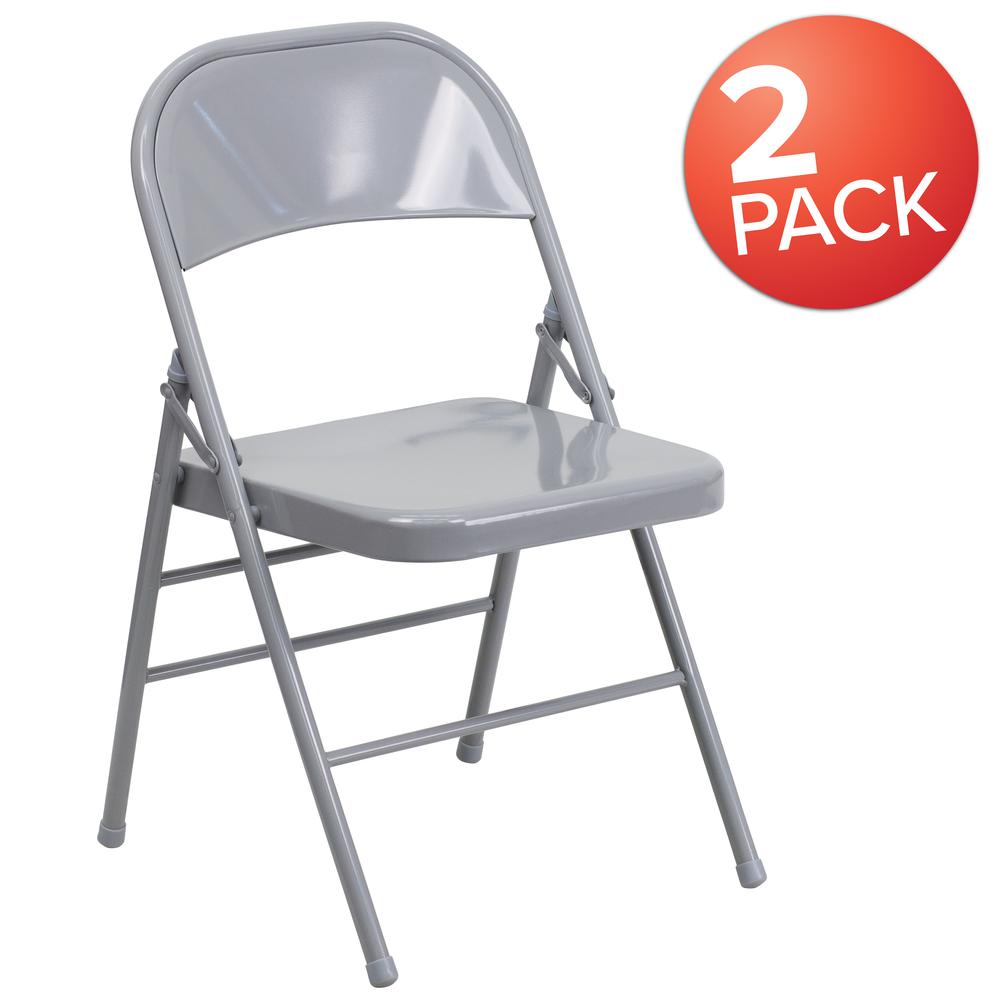 Triple Braced & Double Hinged Gray Metal Folding Chair. Picture 9