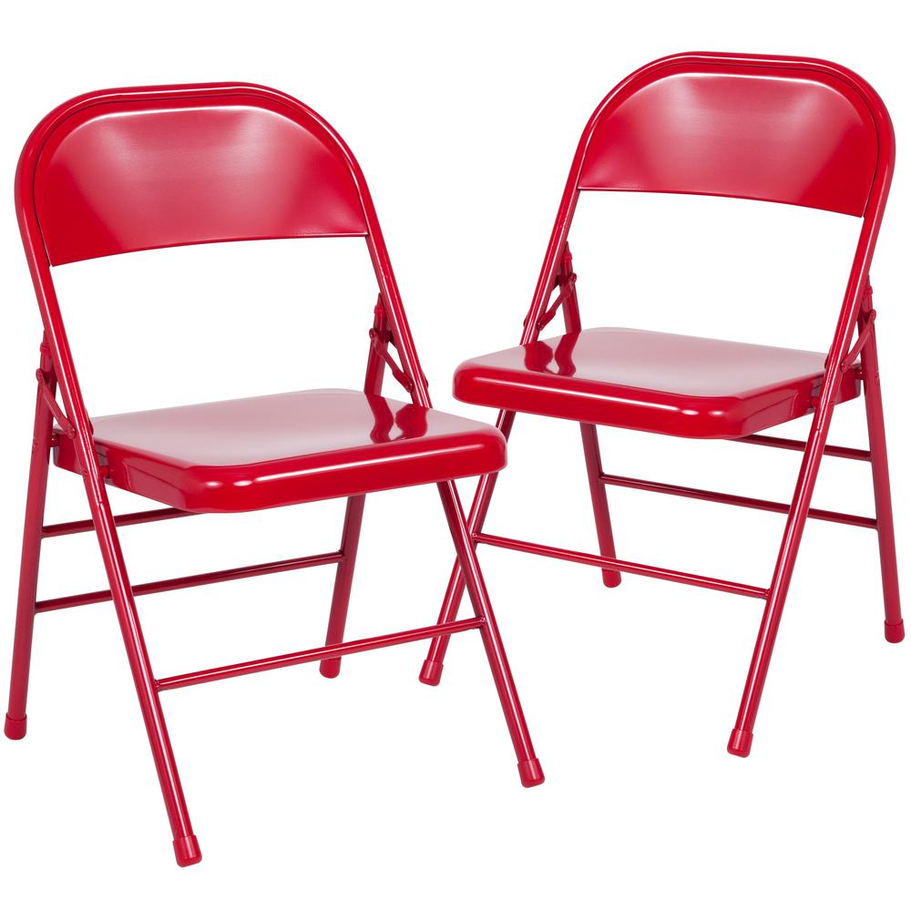 Triple Braced & Double Hinged Red Metal Folding Chair. Picture 1