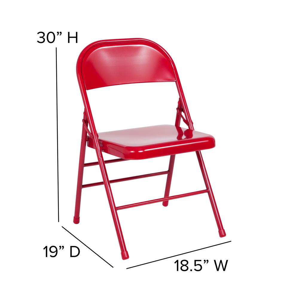 Triple Braced & Double Hinged Red Metal Folding Chair. Picture 2