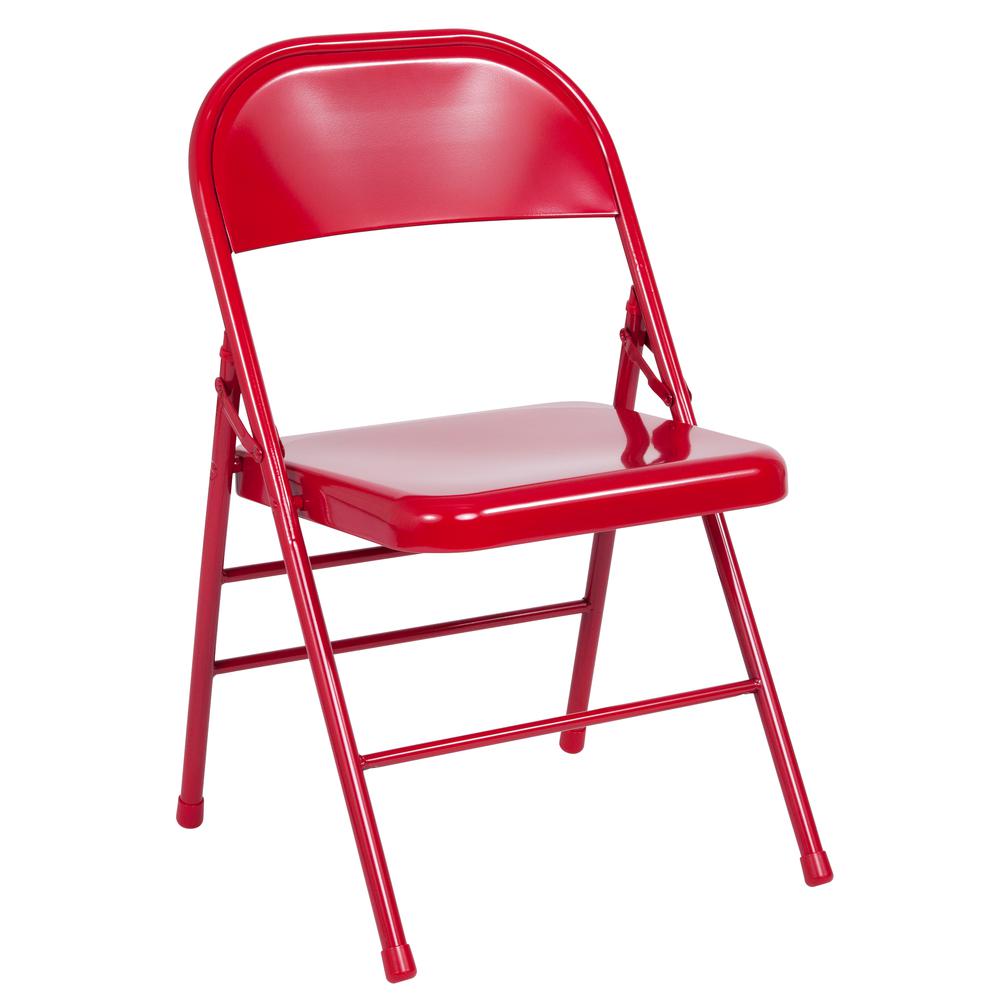 Triple Braced & Double Hinged Red Metal Folding Chair. Picture 3