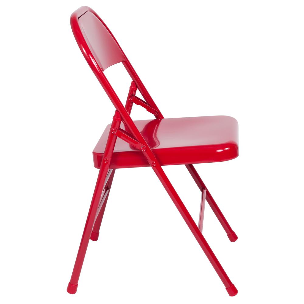Triple Braced & Double Hinged Red Metal Folding Chair. Picture 4