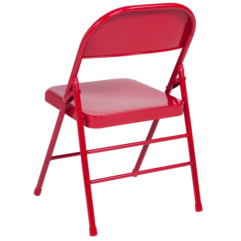 Triple Braced & Double Hinged Red Metal Folding Chair. Picture 5