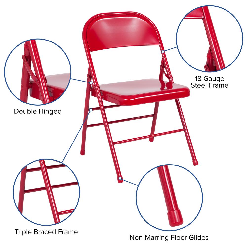 Triple Braced & Double Hinged Red Metal Folding Chair. Picture 6