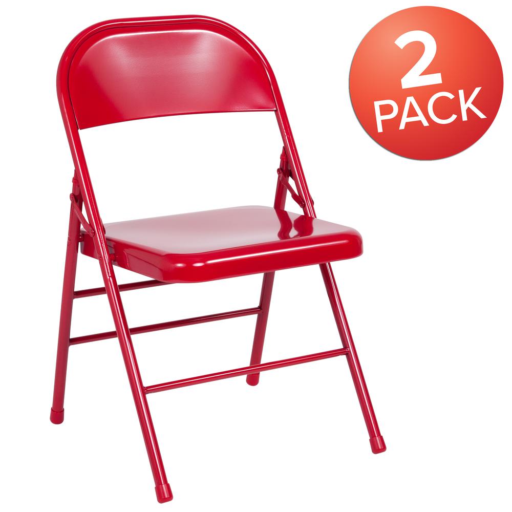 Triple Braced & Double Hinged Red Metal Folding Chair. Picture 9