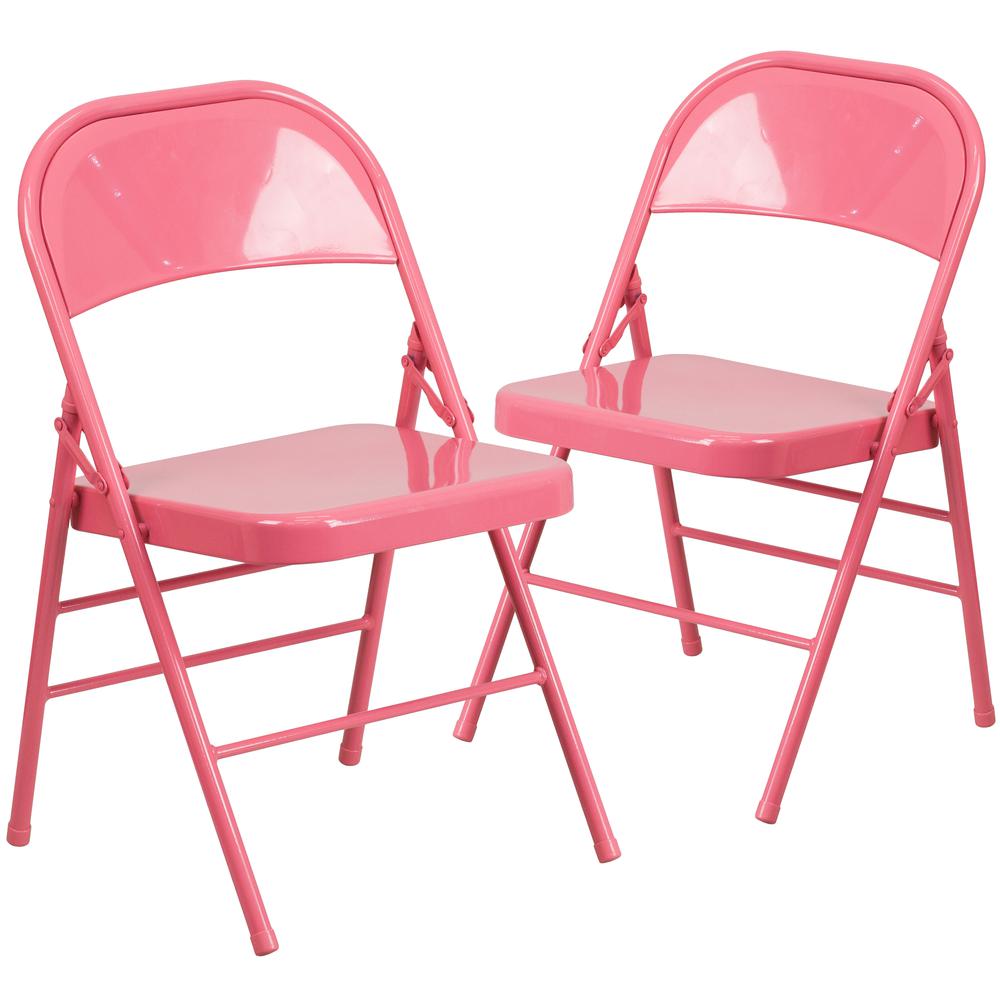 Bubblegum Pink Triple Braced & Double Hinged Metal Folding Chair. Picture 1
